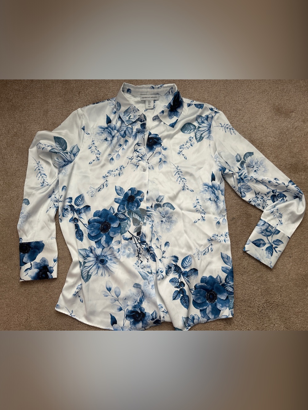 White Satin Floral Blouse with Blue Floral Print